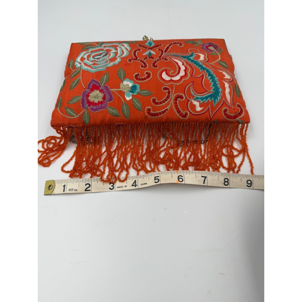 Moyna Orange Embroidered Silk Floral Clutch Beaded Fringe Evening Bag w/ Chain - Picture 5 of 8